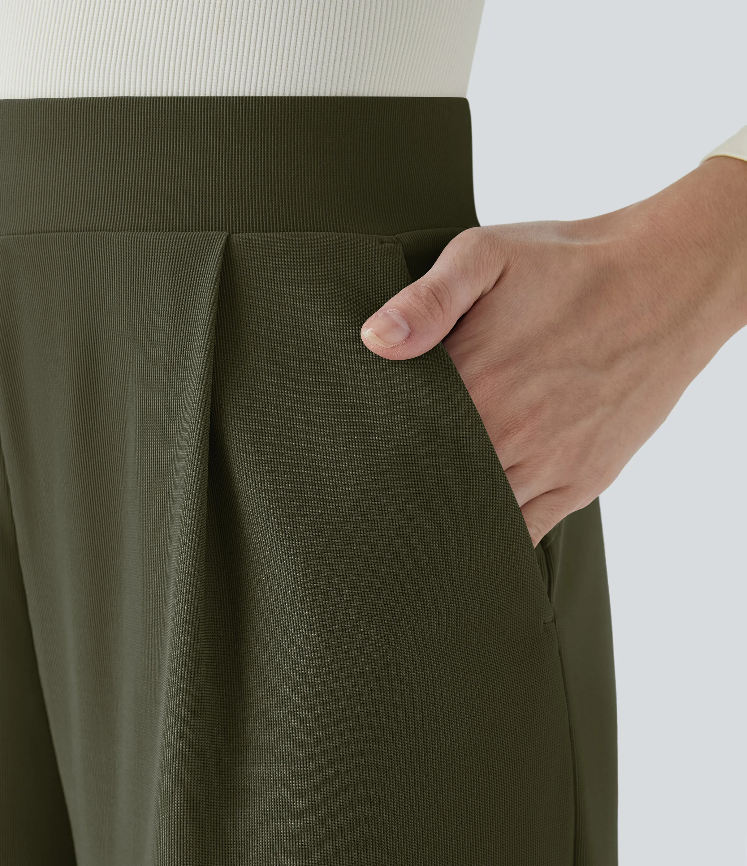 Halara Pantalón Halara Flex™ oficina tiro alto control abdomen adelgazan tiro bolsillo lateral pierna ancha micro gofre - Lone Pine Green - M(tall) sold by Halara product image thumbnail 5