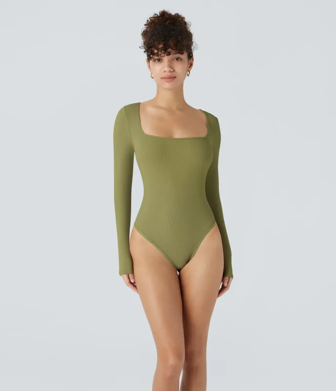 Halara Body oficina ajustado botón manga larga cuello cuadrado acanalado - Green Olive - L sold by Halara