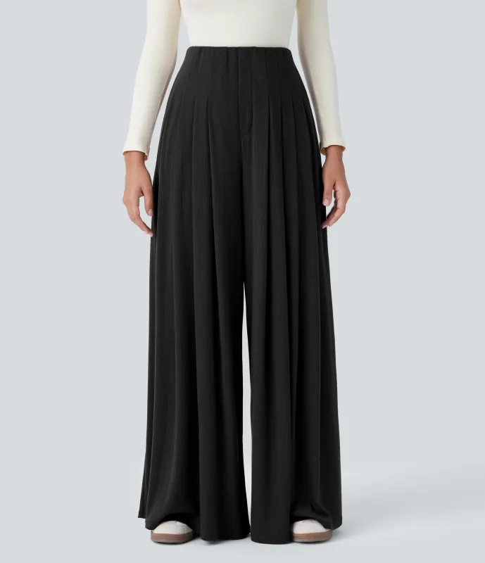 Halara Pantalón holgado pierna ancha bolsillo lateral plisado tiro alto acanalado - Black - L(regular) sold by Halara