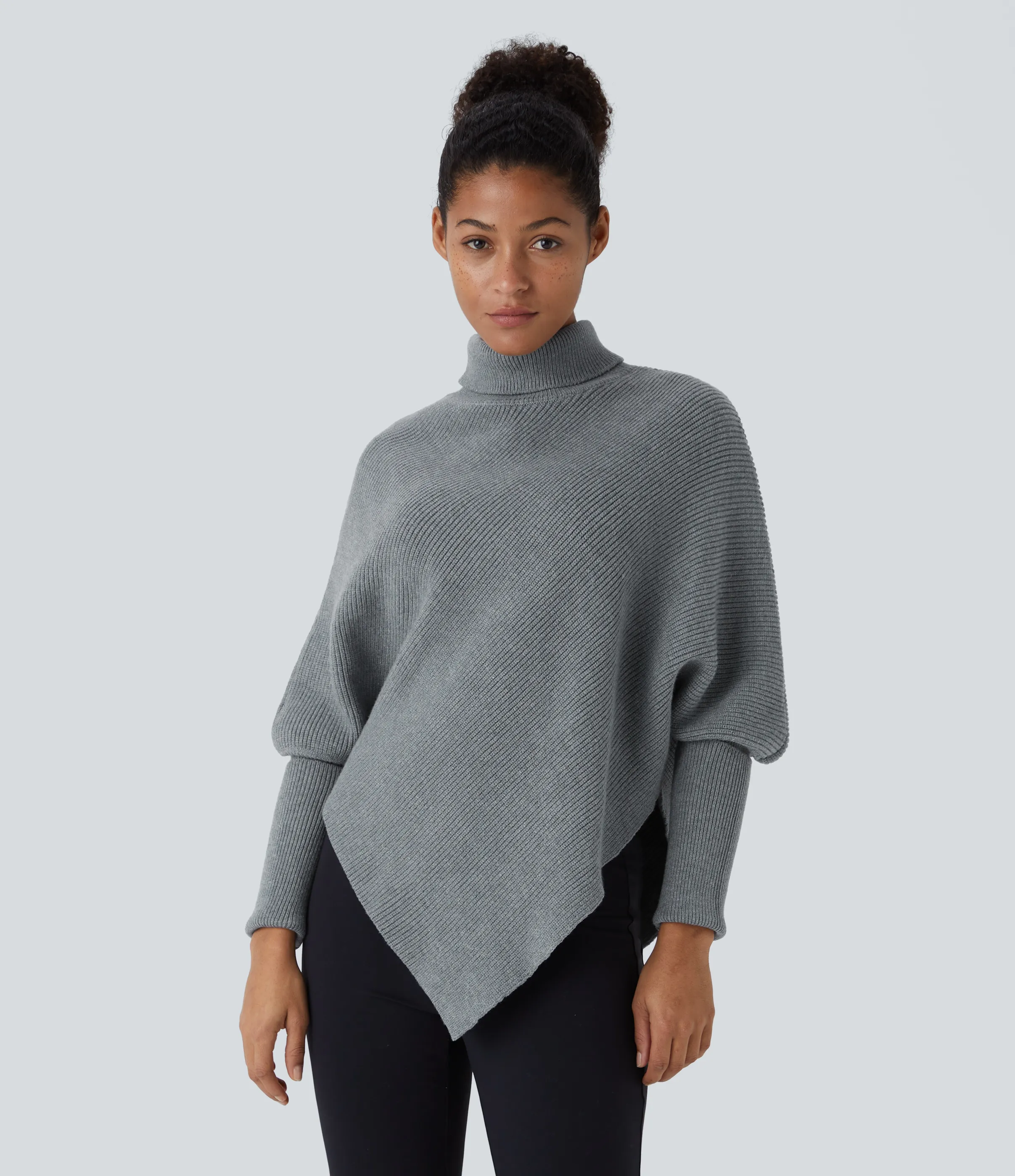 Halara Suéter oficina cuello alto manga larga dobladillo asimétrico - Mottled Cloud Grey - M sold by Halara