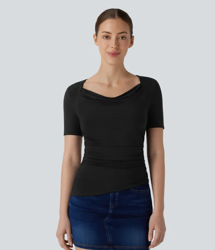 Halara Top ajustado cuello vuelto dobladillo asimétrico fruncido - Black - L sold by Halara