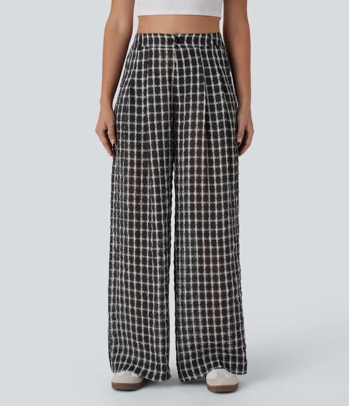 Halara Pantalón holgado cuadro tiro alto cremallera botón bolsillo lateral - Black White Gradient Plaid - XS(regular) sold by Halara