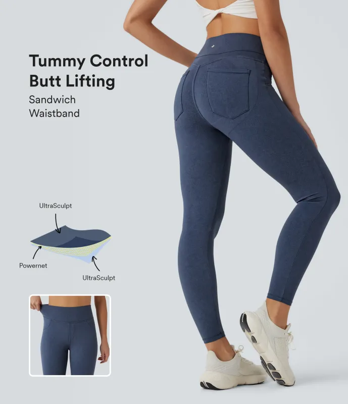 Halara Leggings de yoga Halara UltraSculpt™ con estampado de mezclilla con tiro alto, control de abdomen y realce de glúteos push-up con bolsillos - Blue Fade - XS(7/8) sold by Halara