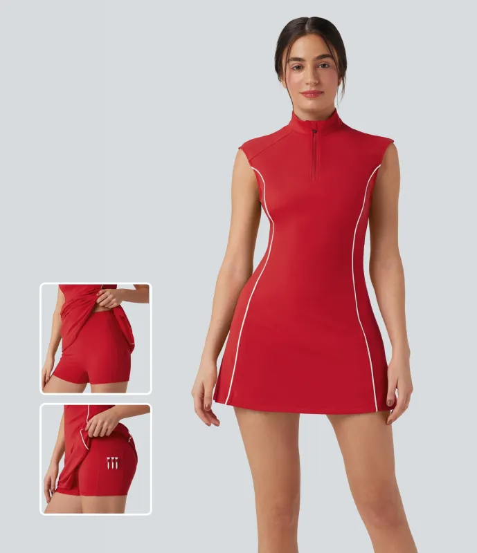 Halara Vestido deportivo de golf SoftlyZero™ de dos piezas sin mangas y cuello alto de felpa con bloques de color y bolsillos para tees de golf - Mars Red - L sold by Halara