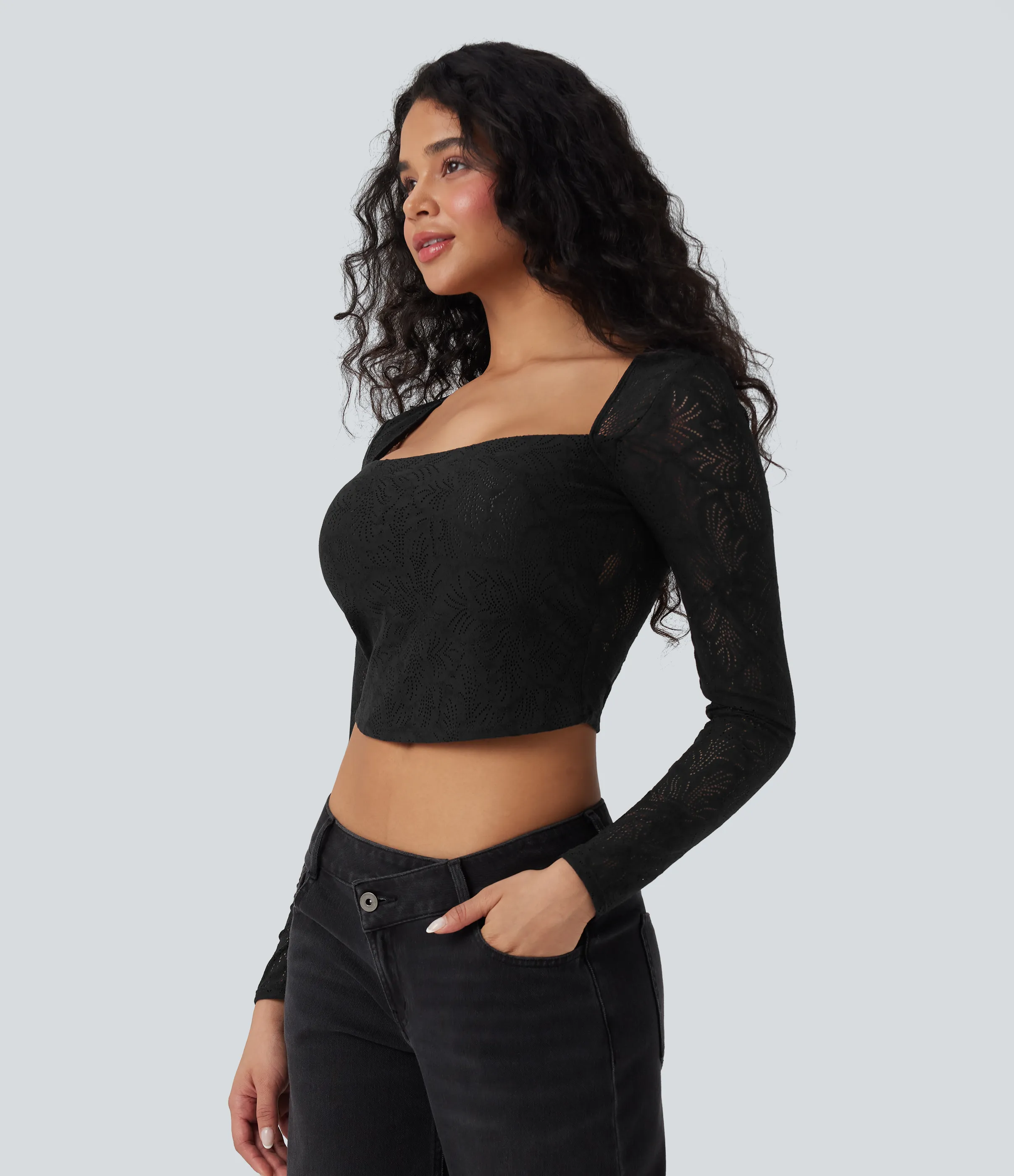 Halara Top casual ajustado con encaje recortado de manga larga y cuello cuadrado - Black - S sold by Halara product image thumbnail 4