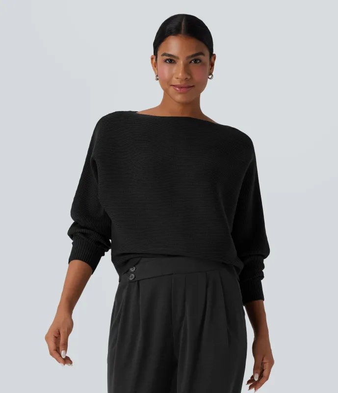 Halara Suéter casual con cuello barco y mangas murciélago - Black - S sold by Halara