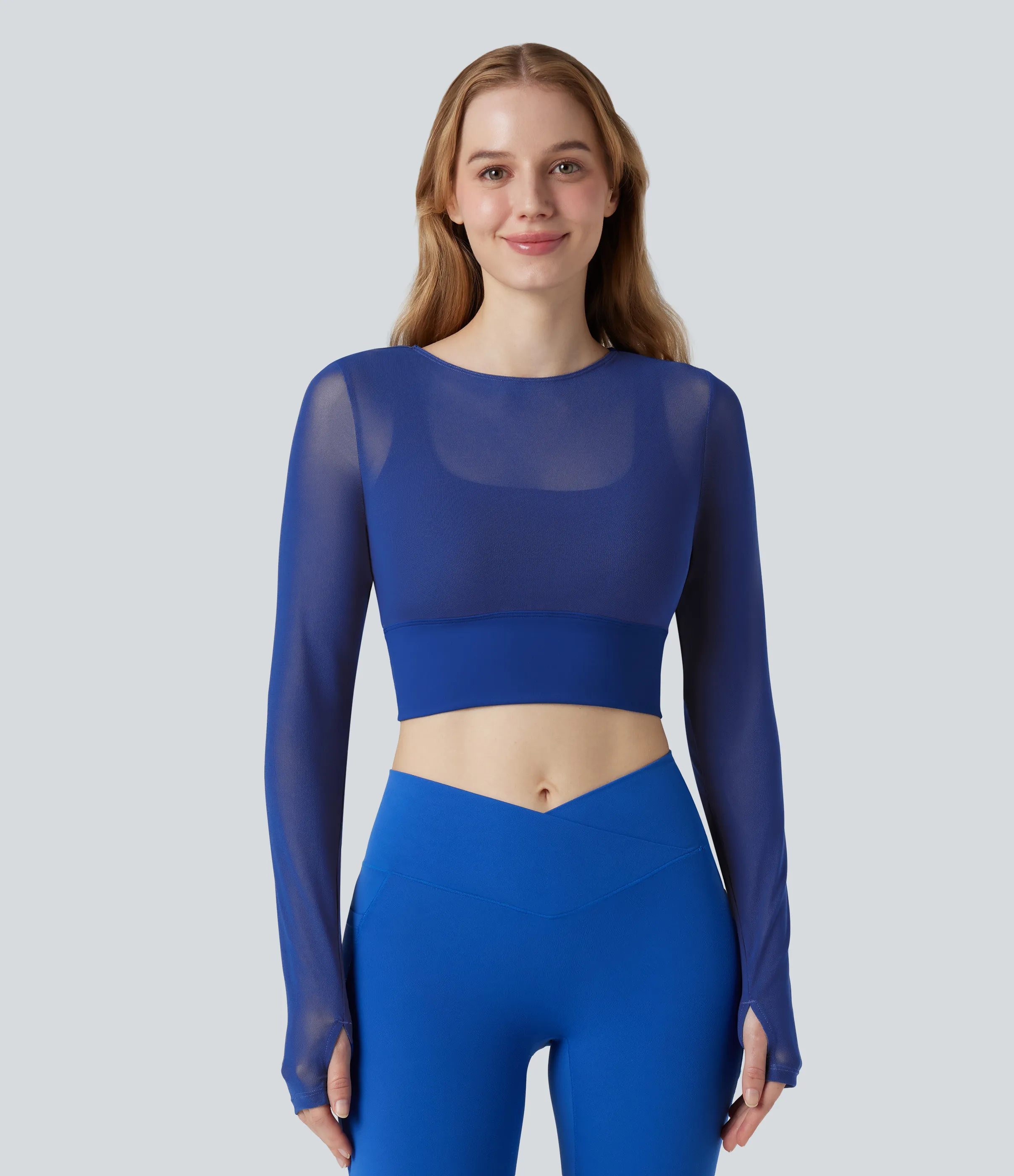 Halara Top deportivo de yoga 2 en 1 de manga larga con abertura para el pulgar y malla en contraste - Deep Ultramarine - XS sold by Halara product image thumbnail 3