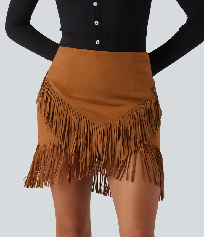 Halara Minifalda casual de ante ajustada 2 en 1 de tiro alto con dobladillo y flecos - Leather Brown - L sold by Halara