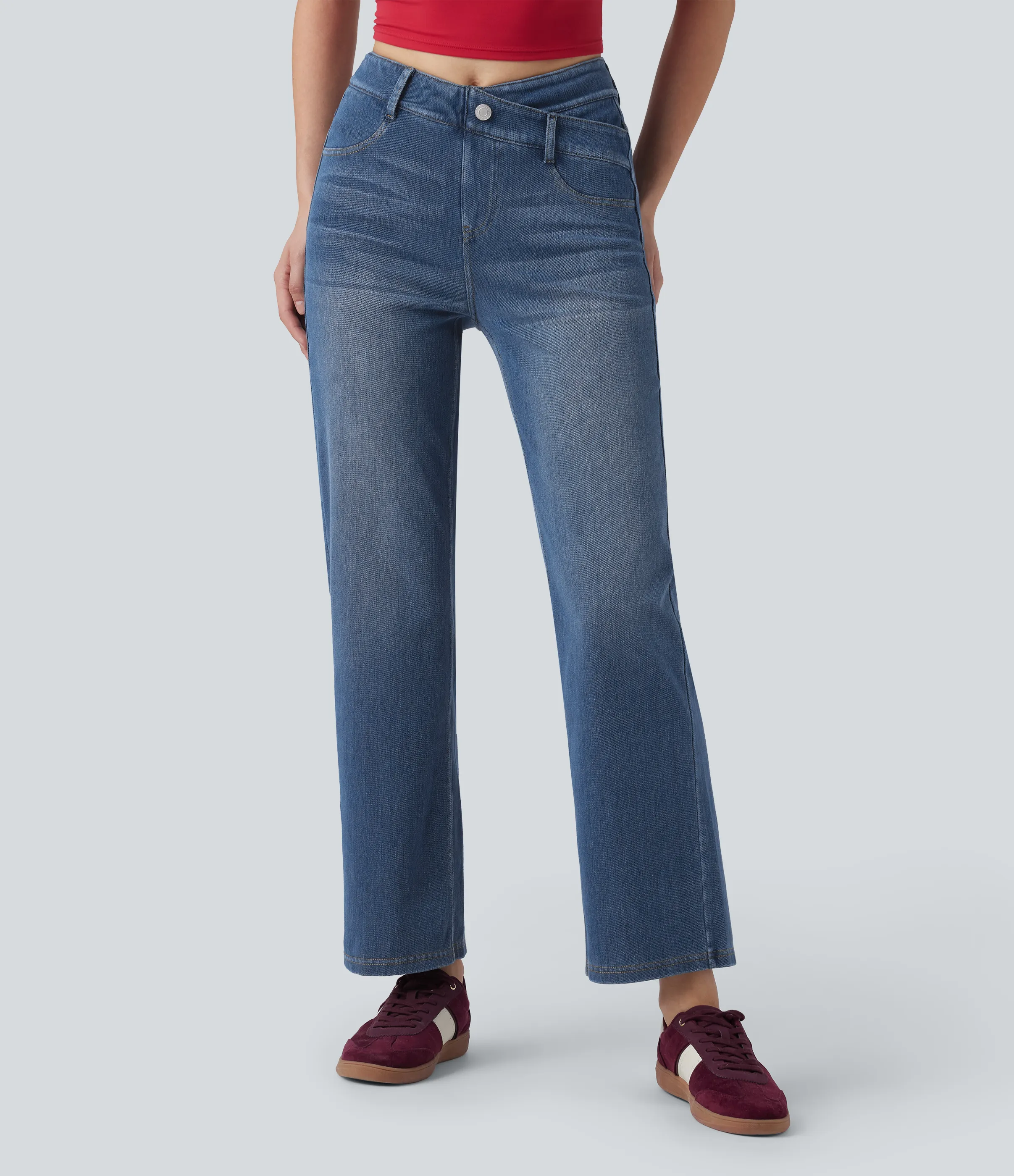 Halara Jeans casuales rectos Halara Flex™ de tiro medio cruzado con control de abdomen y bolsillos - Tide Blue Denim - S(regular) sold by Halara product image thumbnail 5