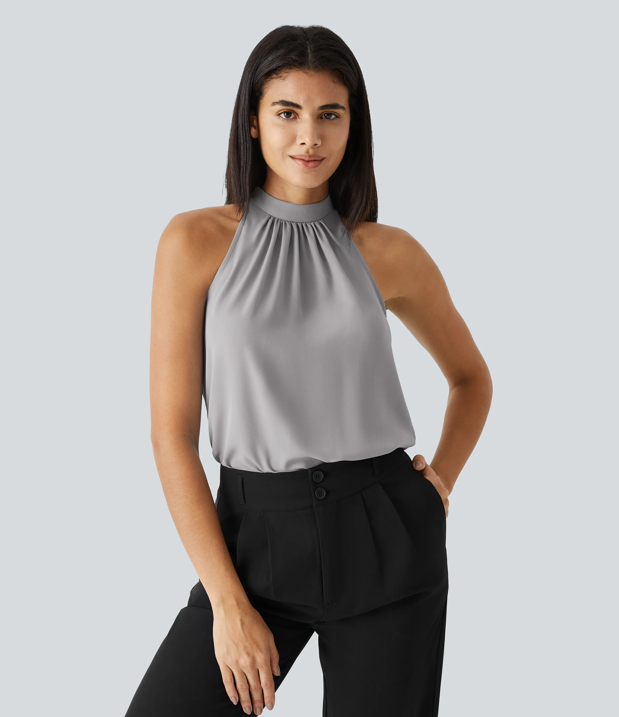 Halara Blusa oficina dobladillo curvado sin manga plisada abertura espalda halter - Sandalwood Grey - XL sold by Halara product image thumbnail 4