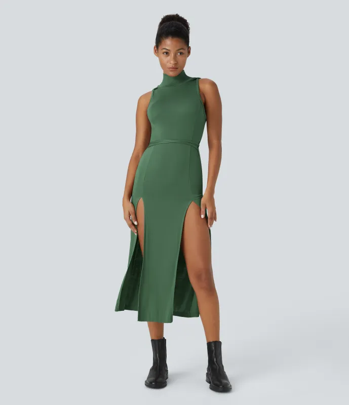 Halara Vestido media pierna 2 piezas abertura lazo espalda sin mangas cuello alto capucha canalé - Dark Verdant Green - XL made by Halara