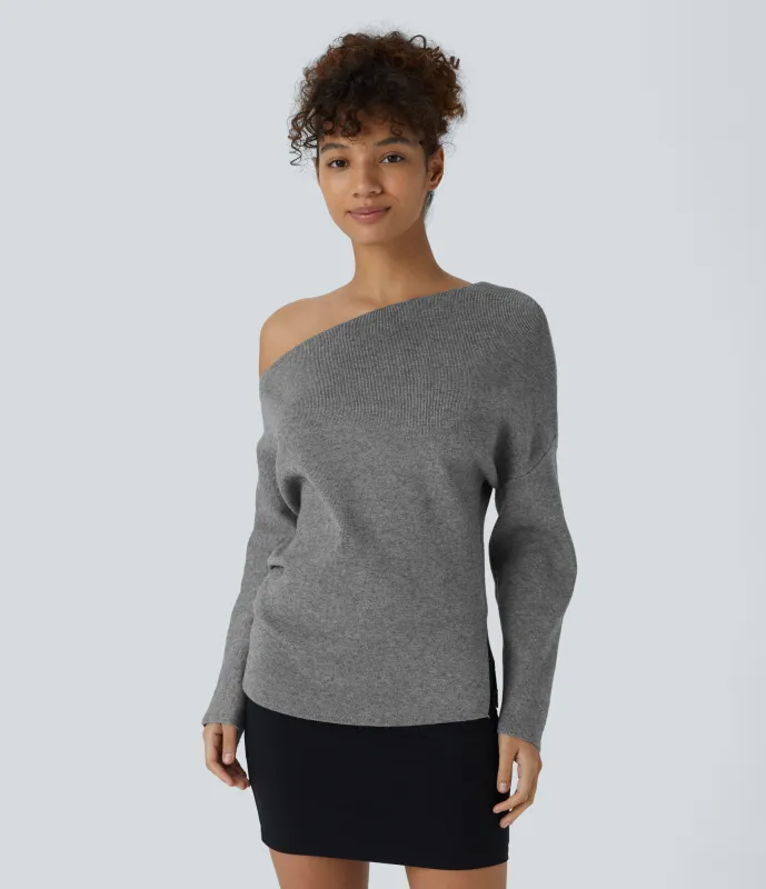 Halara Suéter oficina dividido manga larga sin hombro - Mottled Grey - M sold by Halara