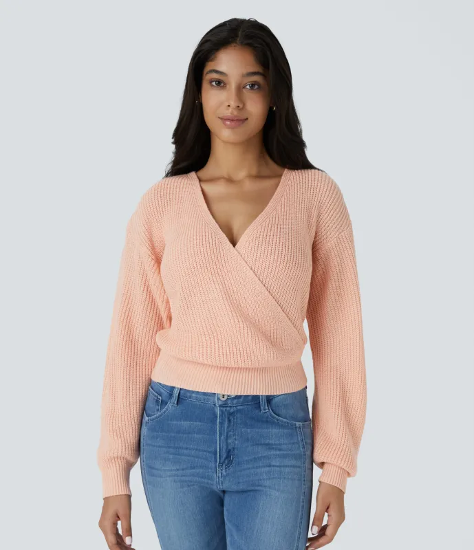 Halara Suéter holgado cuello V hombro caído manga larga - Frosty Grapefruit Orange - XL sold by Halara