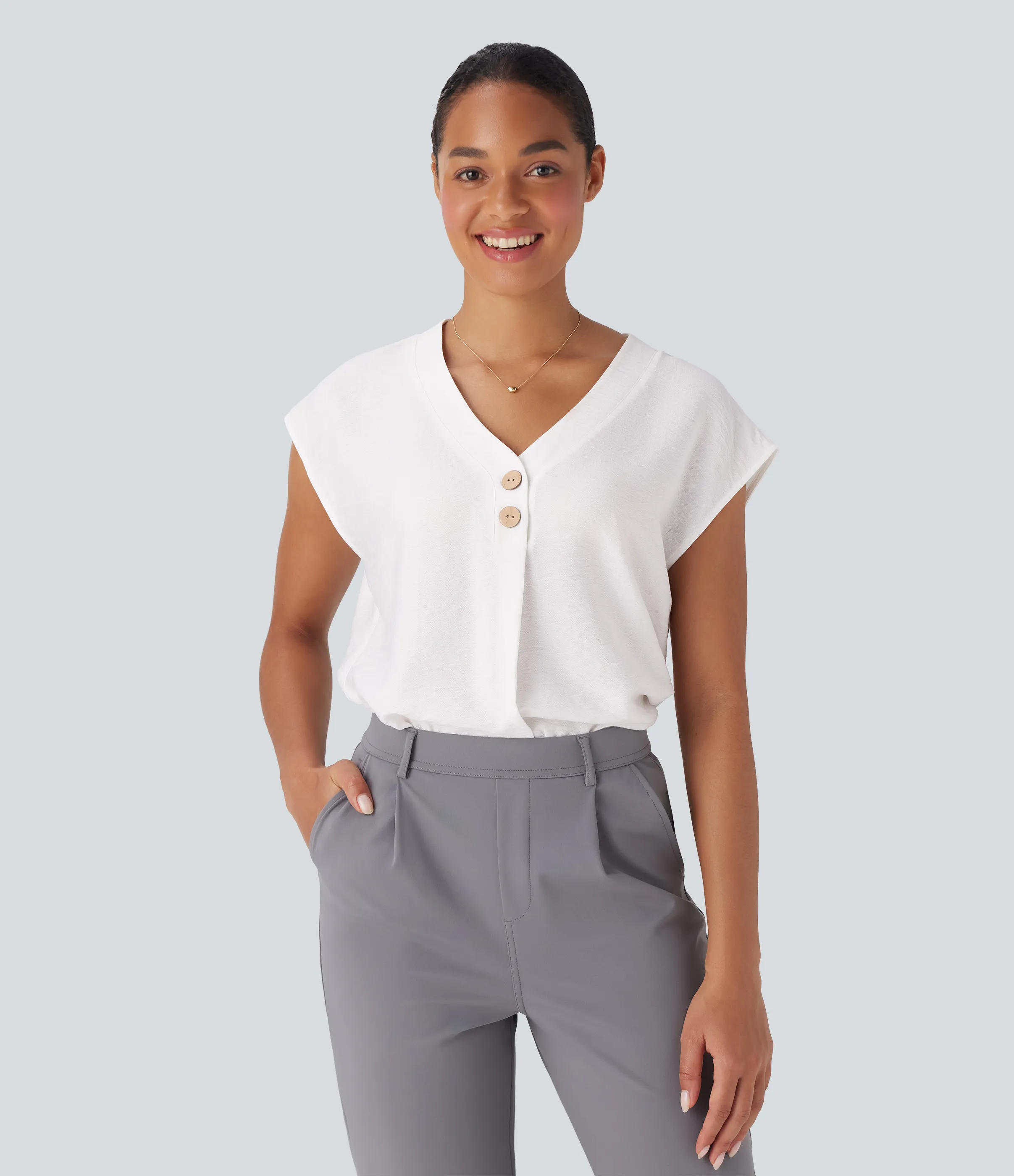 Halara Blusa de oficina de manga corta con botones decorativos y cuello en V - White - M sold by Halara product image thumbnail 2