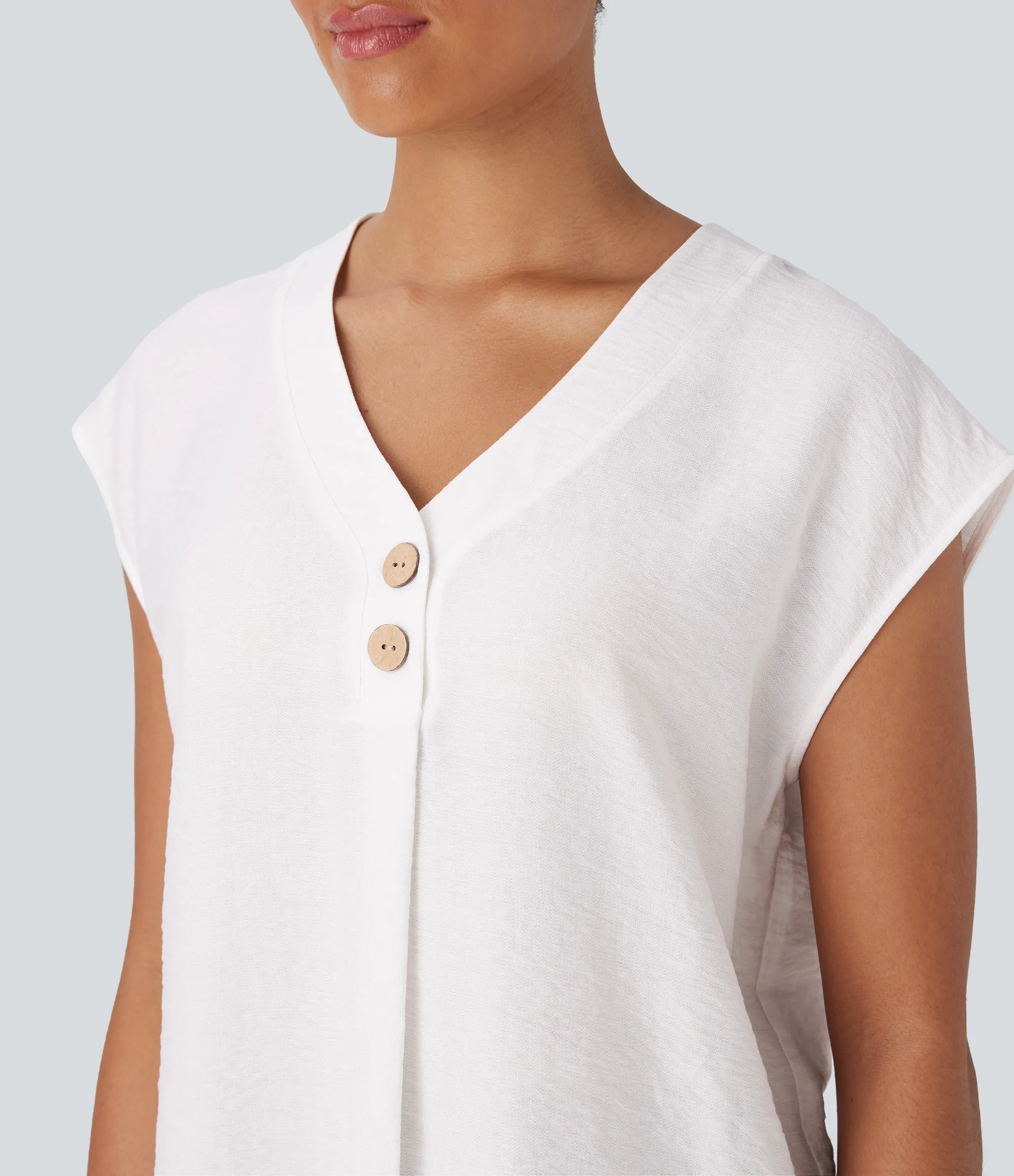 Halara Blusa de oficina de manga corta con botones decorativos y cuello en V - White - M sold by Halara product image thumbnail 5