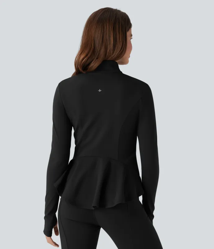 Halara Chaqueta ajustada con cuello alto, cremallera, abertura para el pulgar, dobladillo con volantes y bolsillos - Black - L sold by Halara