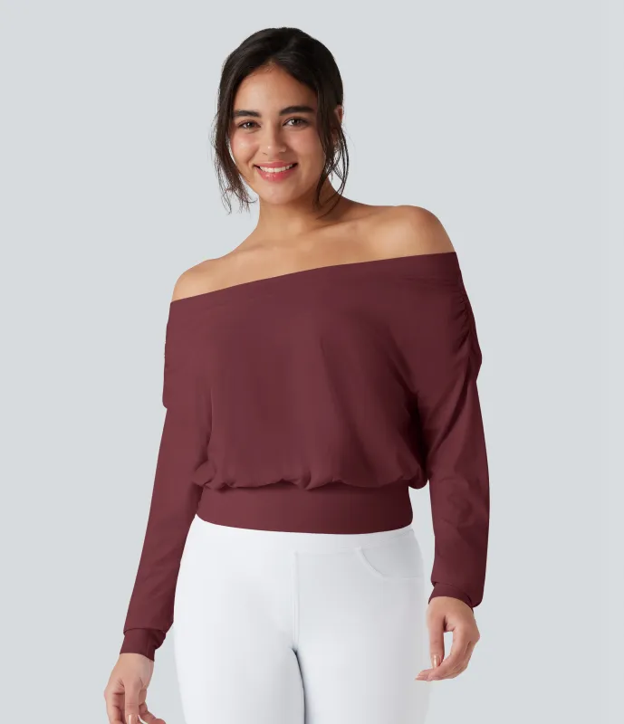 Halara Top deportivo de yoga de secado rápido extragrande con hombros descubiertos y tacto fresco - New Maroon - XL sold by Halara