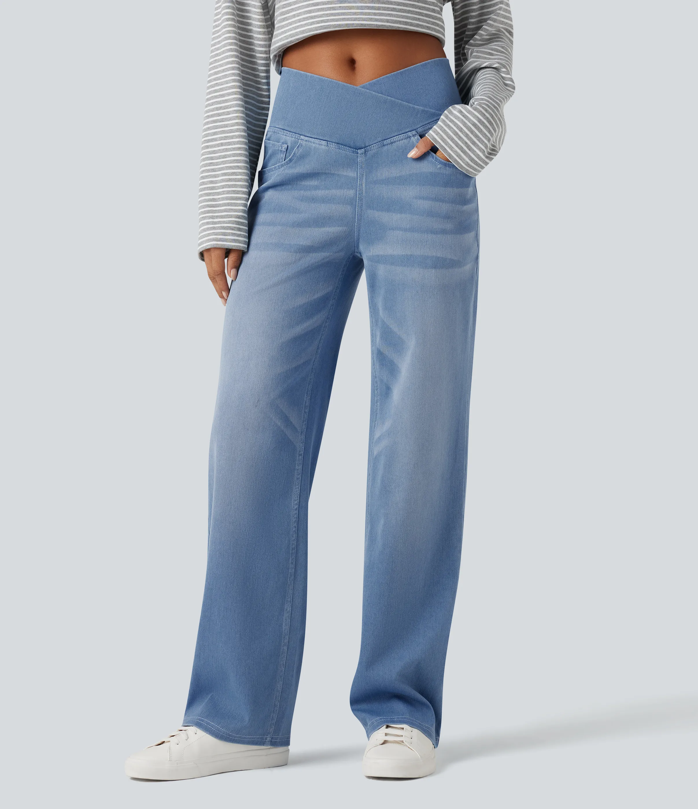 Halara Jeans casuales rectos con control de abdomen de tiro alto cruzado y bolsillos, estilo Halara Flex™ SoCinched - Powder Blue Denim - L(petite) sold by Halara product image thumbnail 2