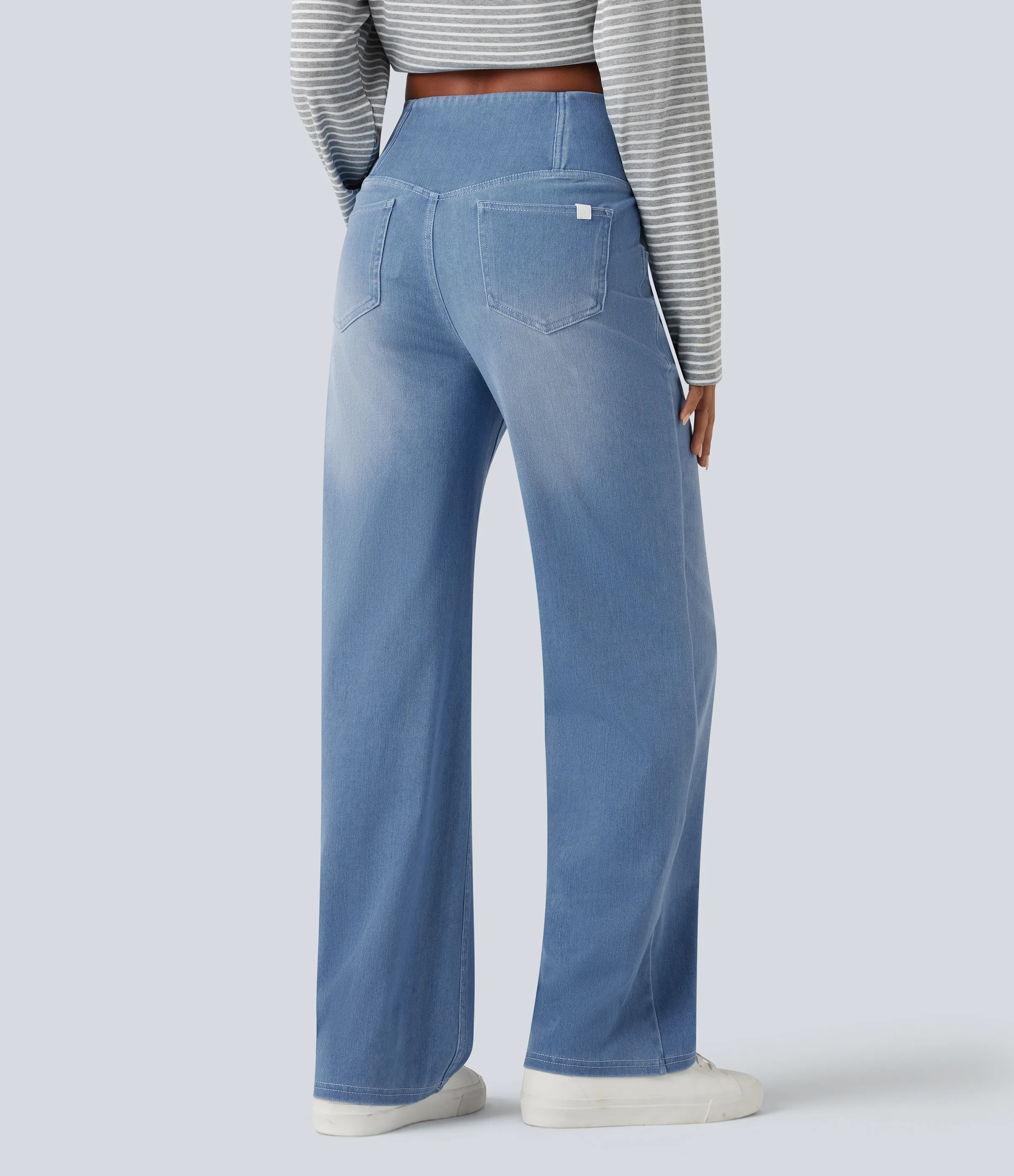 Halara Jeans casuales rectos con control de abdomen de tiro alto cruzado y bolsillos, estilo Halara Flex™ SoCinched - Powder Blue Denim - L(petite) sold by Halara product image thumbnail 3