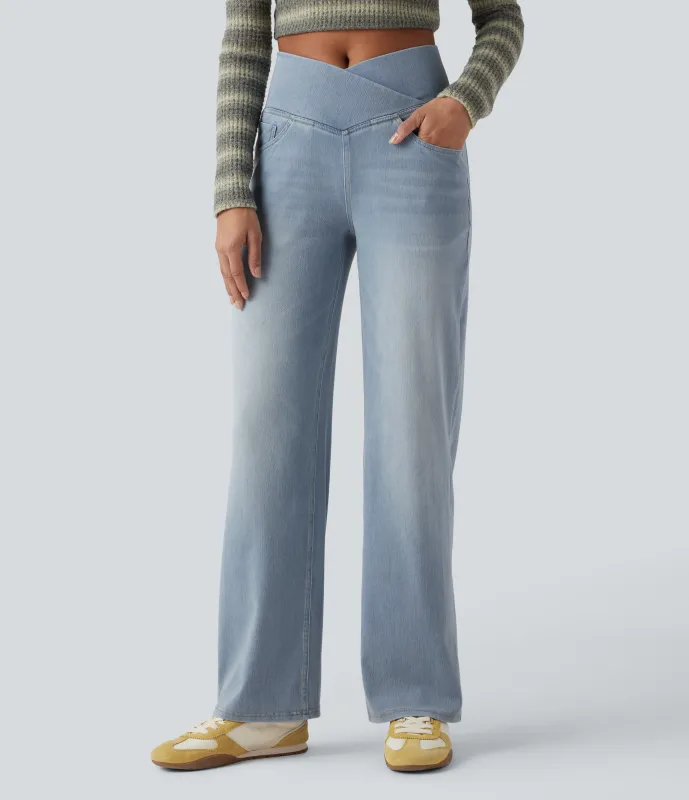 Halara Jeans casuales rectos con control de abdomen de tiro alto cruzado y bolsillos, estilo Halara Flex™ SoCinched  - Ice Water Denim - XL(regular) sold by Halara
