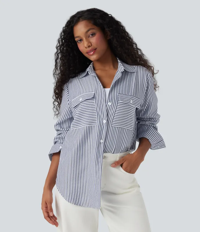 Halara Camisa casual de manga larga a rayas con dobladillo curvo - Seven Seas - Nautical Blue & White Stripes - XS made by Halara