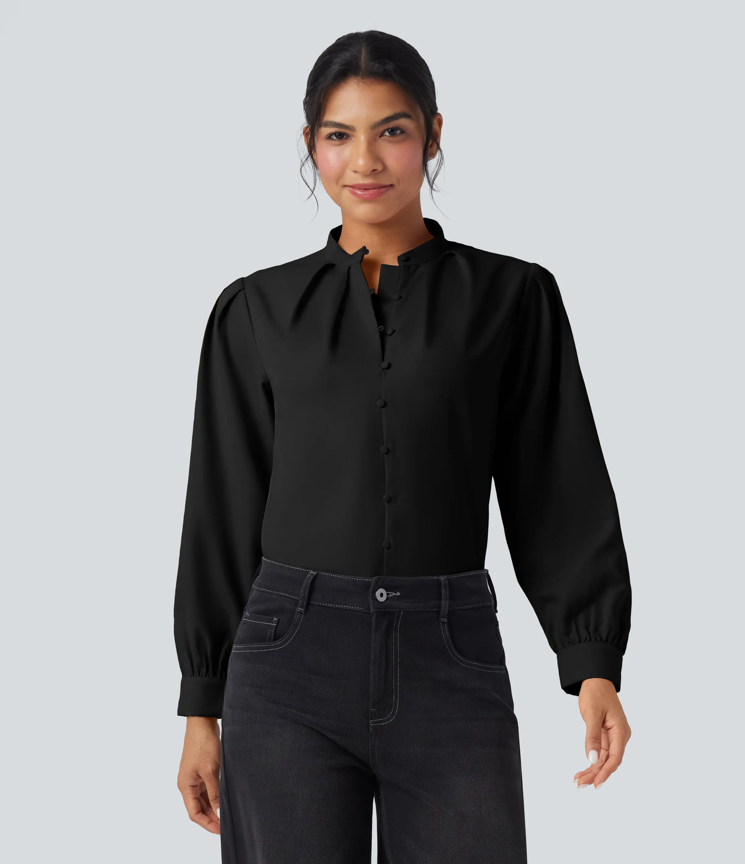 Halara Camisa casual de manga larga con cuello alto - Black - S sold by Halara