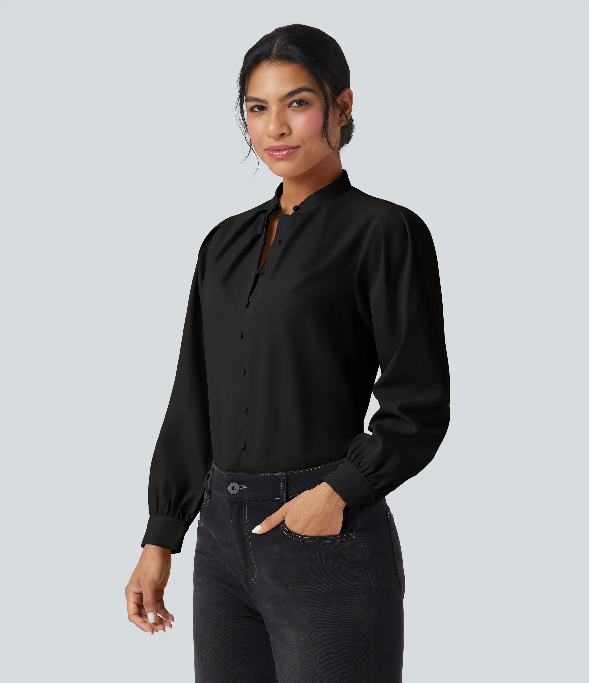 Halara Camisa casual de manga larga con cuello alto - Black - S sold by Halara product image thumbnail 4