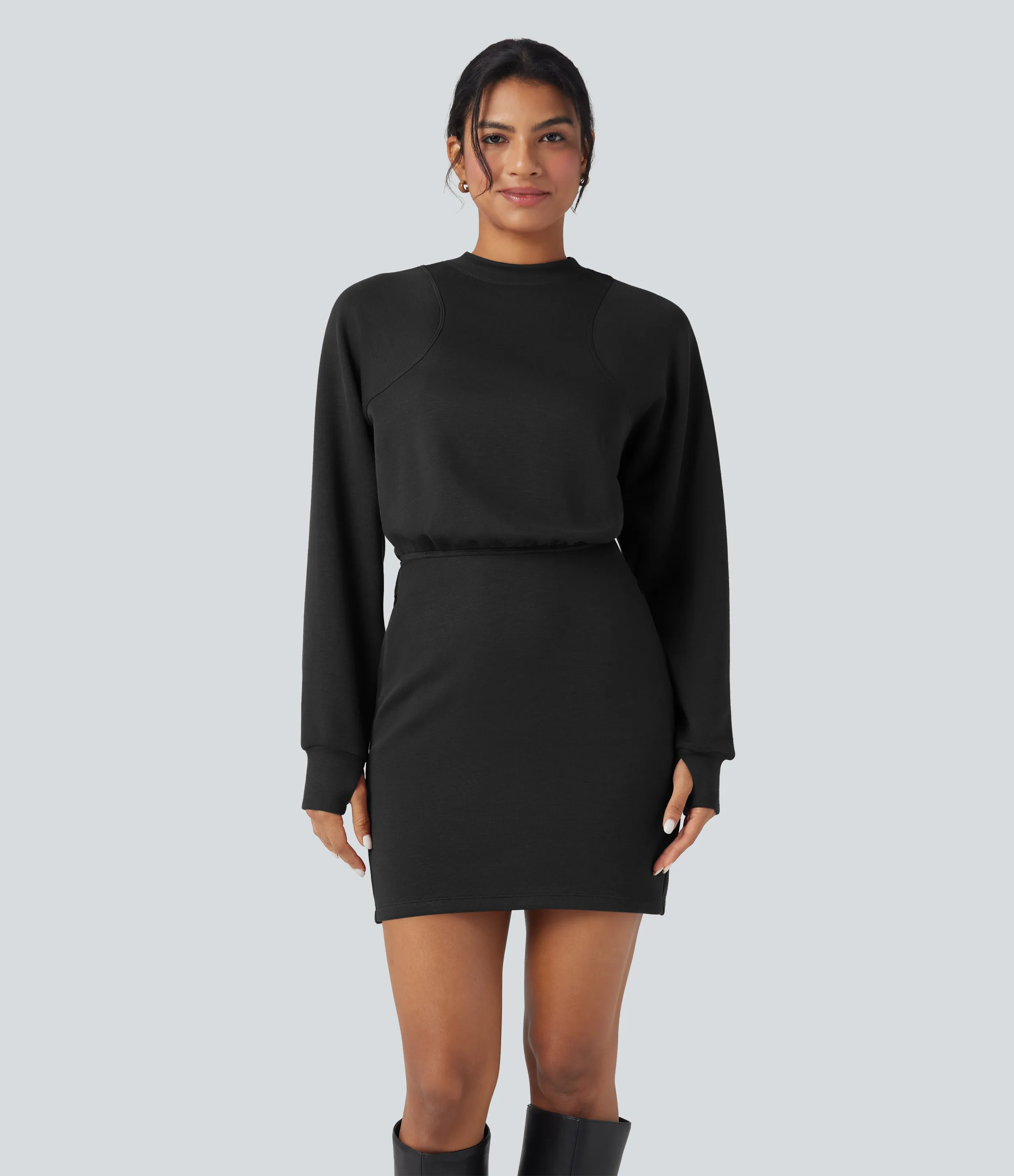 Halara Vestido mini casual con cuello redondo de manga larga y abertura para el pulgar y bolsillos - Black - L sold by Halara product image thumbnail 2