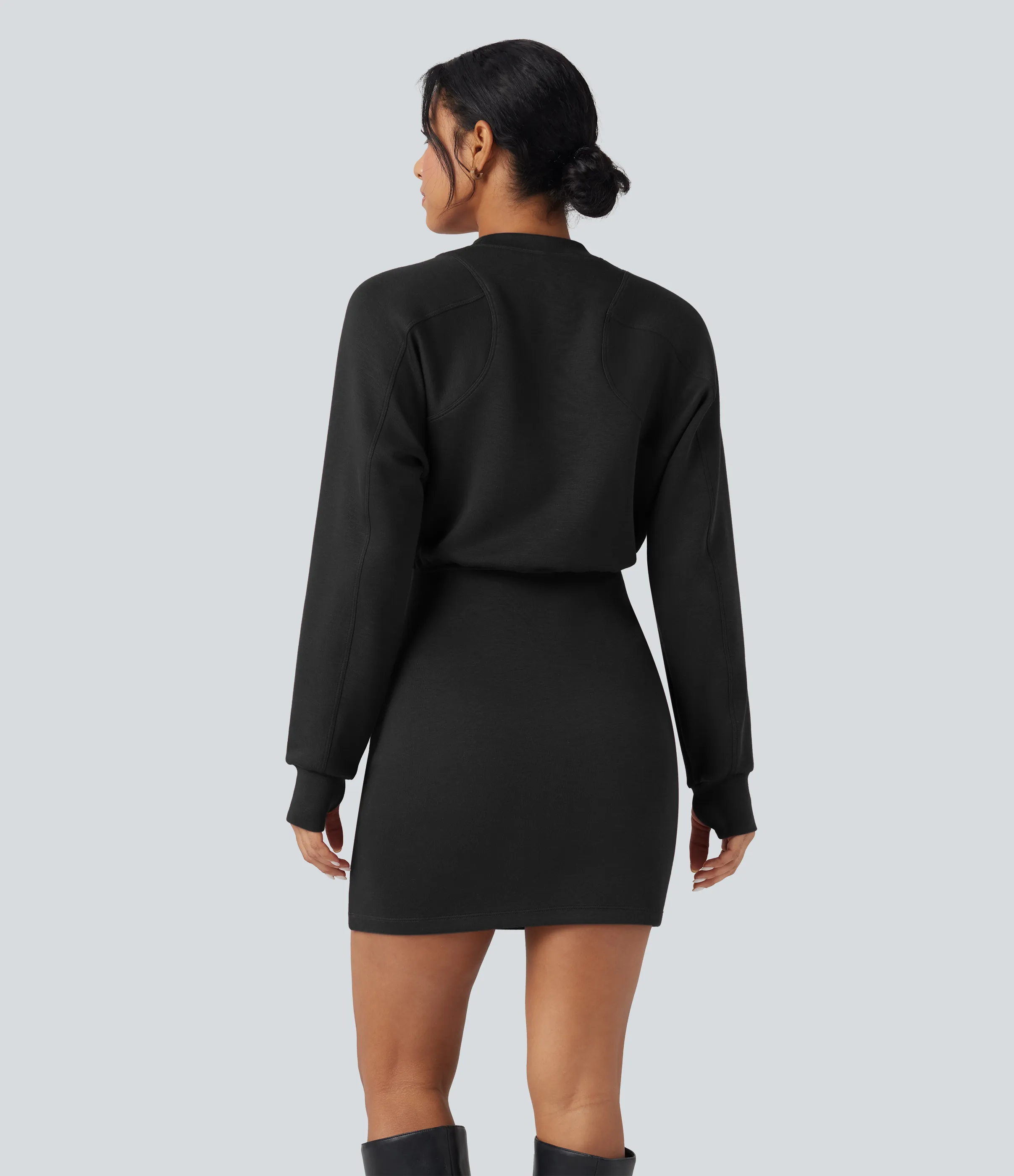Halara Vestido mini casual con cuello redondo de manga larga y abertura para el pulgar y bolsillos - Black - L sold by Halara product image thumbnail 3
