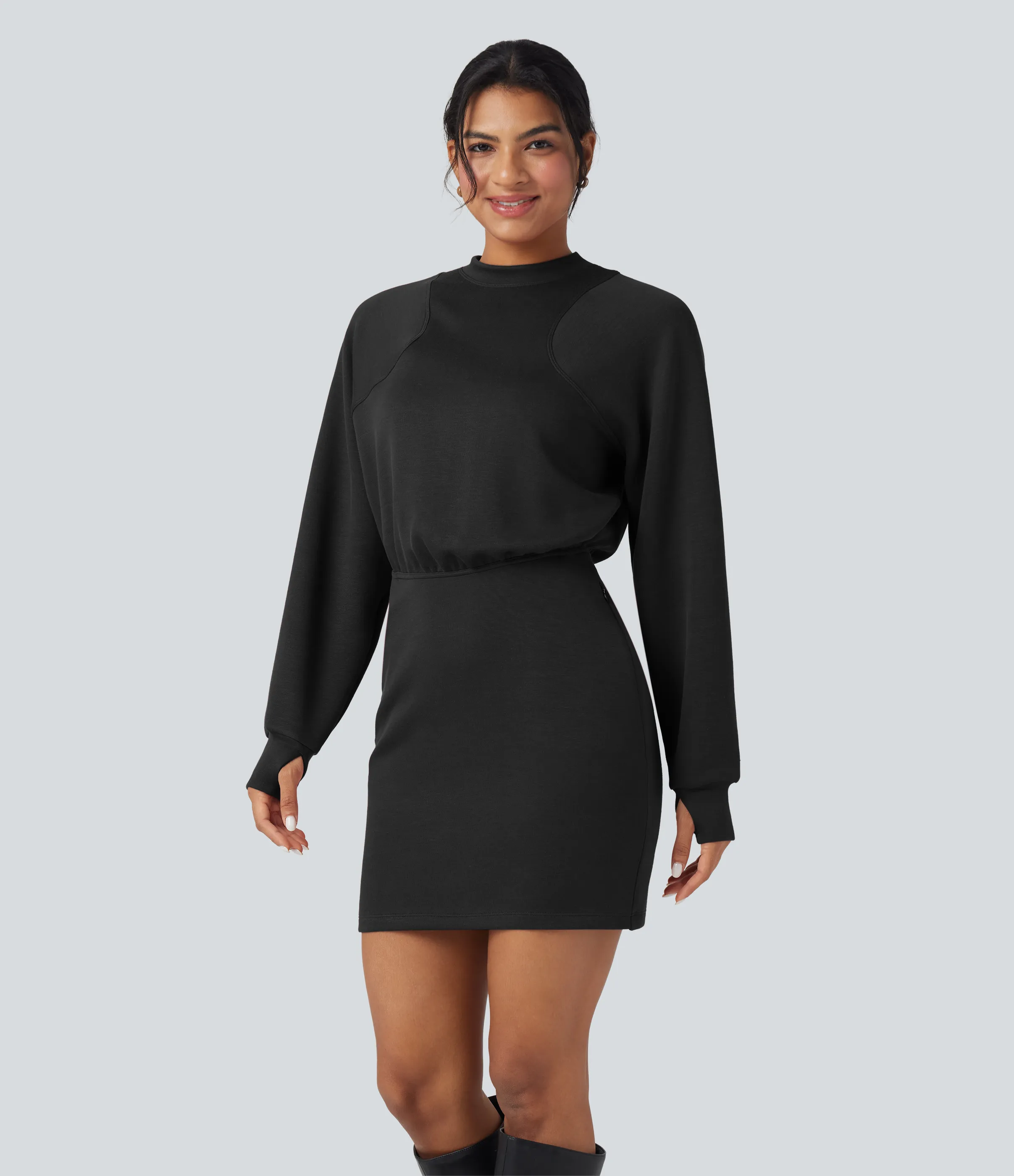 Halara Vestido mini casual con cuello redondo de manga larga y abertura para el pulgar y bolsillos - Black - L sold by Halara product image thumbnail 4