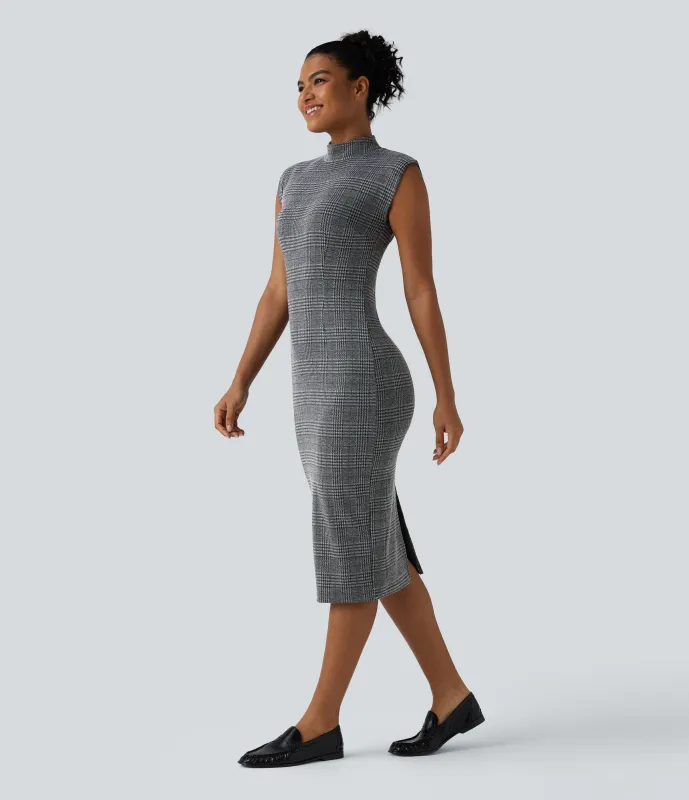 Halara Vestido de oficina midi ajustado con cuello alto sin mangas y estampado de pata de gallo a cuadros - Dark Gray Plaid - XL sold by Halara