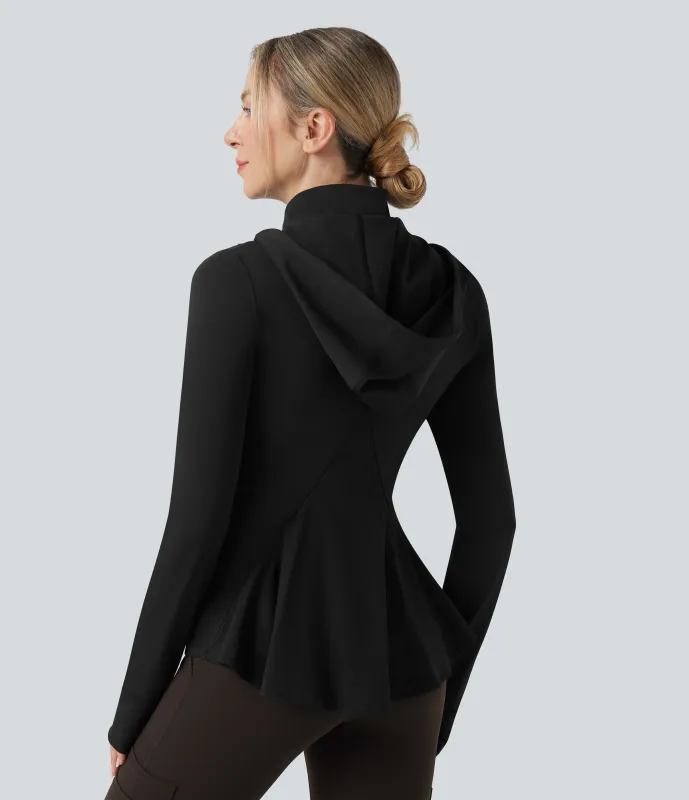 Halara Chamarra de senderismo ajustada con capucha extraíble, agujeros para pulgares y dobladillo con volantes - Black - S sold by Halara