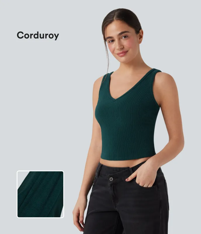 Halara Camiseta casual ajustada de pana con cuello en V - Dark Sea - M made by Halara