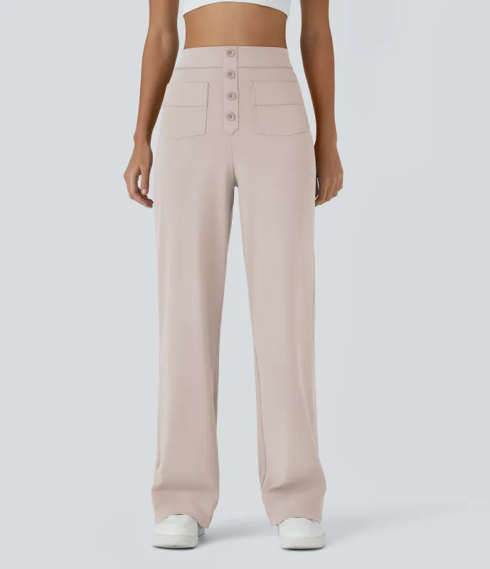 Halara Pantalones pierna recta múltiple bolsillo botón tiro alto - Oat Milk - L(regular) sold by Halara