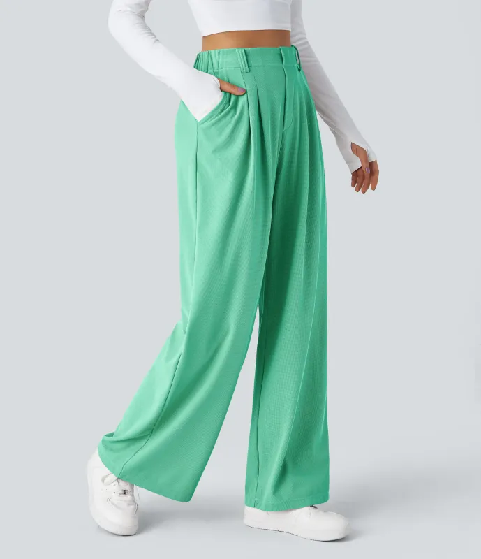 Halara Pantalones Halara Flex™ de oficina anchos plisados de tiro alto con bolsillos en tela tipo gofre - Light Sea Green - XS(petite) sold by Halara