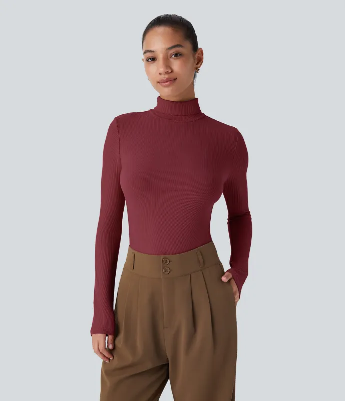 Halara Top casual de manga larga con cuello alto de punto acanalado - Ruby Wine - S sold by Halara