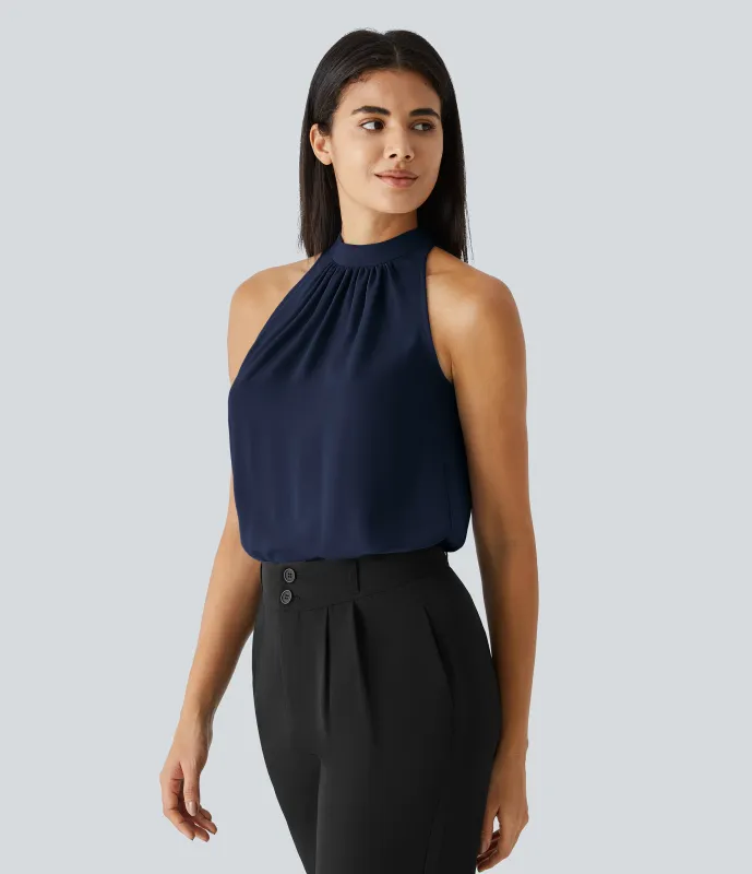 Halara Blusa oficina dobladillo curvado sin manga plisada abertura espalda halter - Denim Blue - L sold by Halara