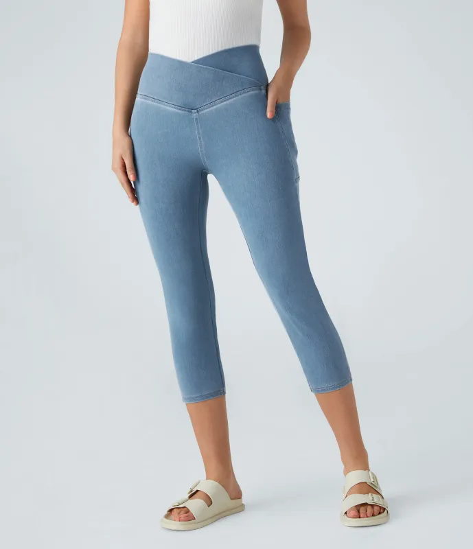 Halara Leggings Halara Flex™ Denim capri mezclilla elástico lavado bolsillo lateral cruzado - Washed Denim Sunny Blue - S(regular) made by Halara