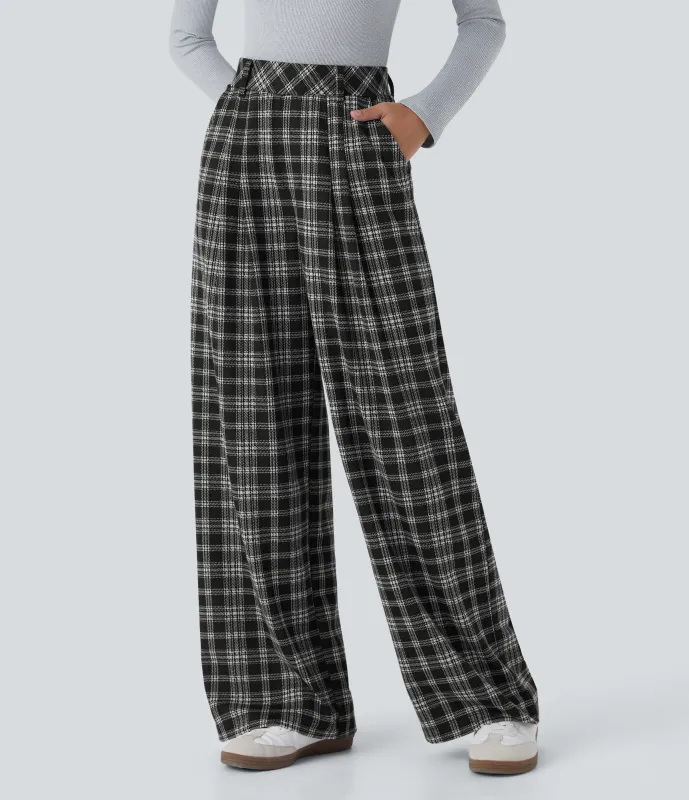 Halara Pantalón tiro alto bolsillo lateral pierna ancha estampado pata gallo - Black Tartan Plaid - S(petite) sold by Halara