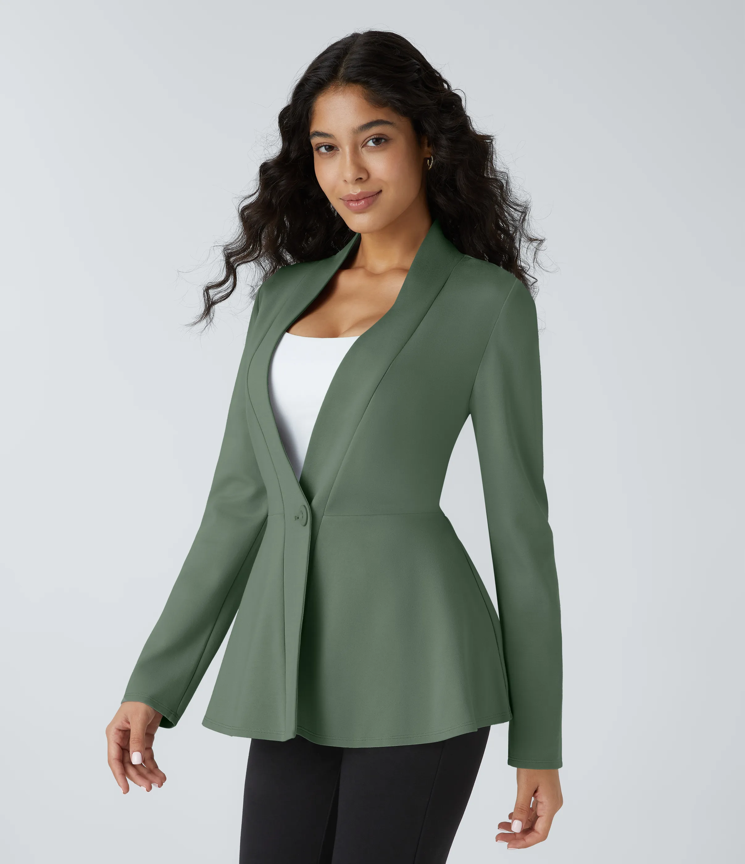 Halara Chaqueta peplum oficina cuello V botón delantera - Bean Green - M sold by Halara product image thumbnail 2