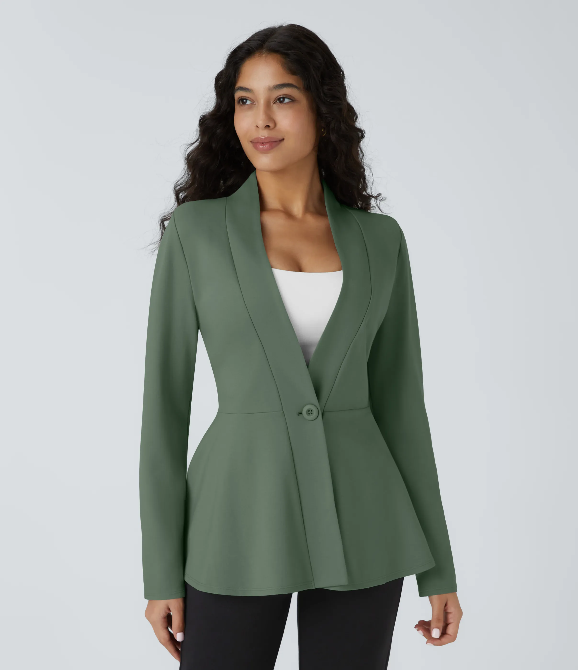 Halara Chaqueta peplum oficina cuello V botón delantera - Bean Green - M sold by Halara product image thumbnail 4