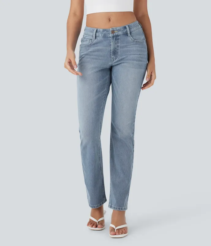 Halara Jeans Halara Flex™ Denim tiro bajo botón cremallera múltiple bolsillo elástico lavado - Blue Spruce Denim - L(tall) sold by Halara