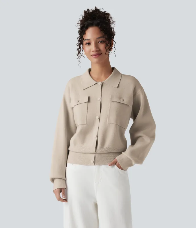 Halara Suéter manga larga cuello abotonado bolsillo pecho - Cement - XS sold by Halara