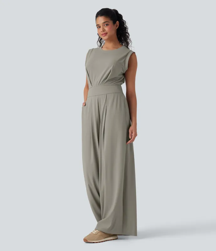 Halara Mono de yoga sin mangas Softlyzero™ con cuello redondo de secado rápido, espalda abierta y bolsillos - Edición Easy Peezy - London Fog - XL(regular) sold by Halara