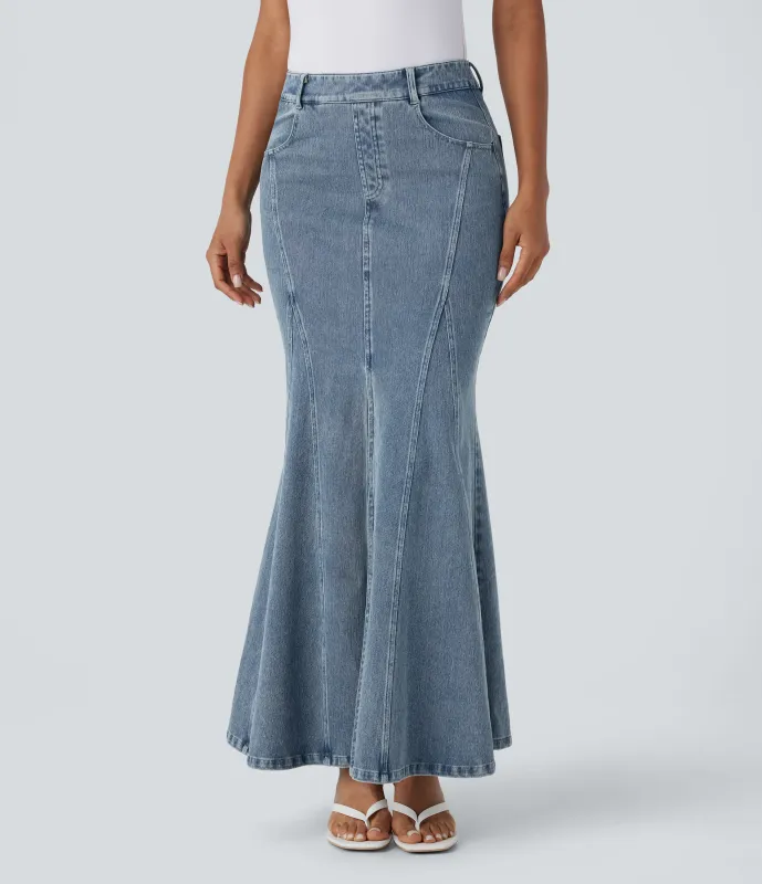 Halara Falda Halara Flex™  Denim elástica de tiro medio en corte sirena y desgastada con abertura y bolsillos - Tile Blue Retro Denim - XS(regular) sold by Halara