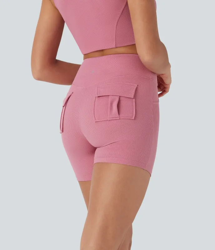 Halara Shorts de yoga tipo biker de tiro alto con cintura cruzada en tela gofre con bolsillos traseros en longitud 5cm - Rouge Pink - XL sold by Halara