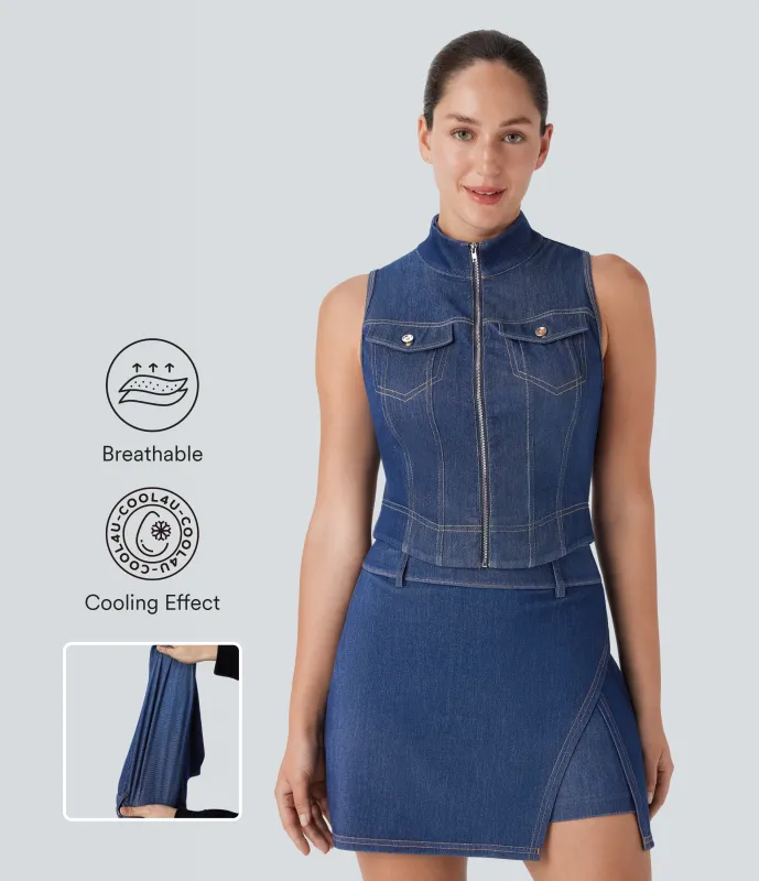 Halara Camiseta Halara Flex™ Denim tenis elástica desgastada con cuello alto y cremallera de tacto refrescante - Tide Blue Denim - XS sold by Halara