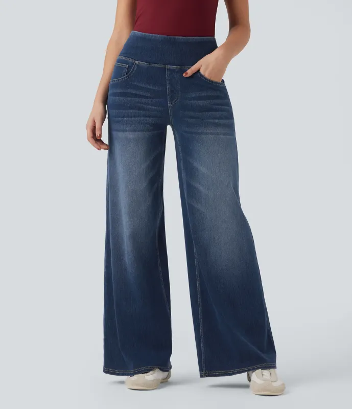 Halara Jeans holgados casuales Halara Flex™ con control de abdomen y tiro medio con bolsillos - Estate Blue Denim - S(regular) sold by Halara