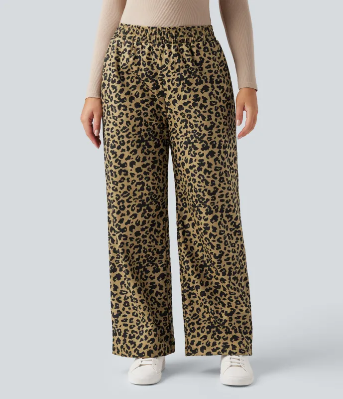 Halara Pantalones holgados casuales de pana con estampado de leopardo y tiro alto con bolsillos - Black Yellow Leopard Print - M(regular) sold by Halara