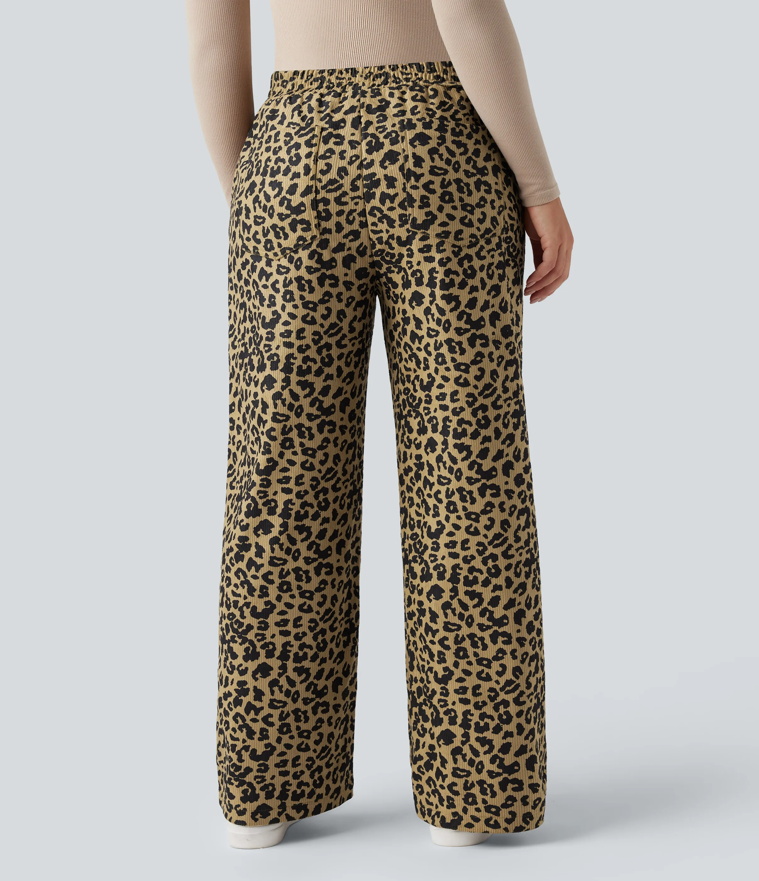 Halara Pantalones holgados casuales de pana con estampado de leopardo y tiro alto con bolsillos - Black Yellow Leopard Print - M(regular) sold by Halara product image thumbnail 3
